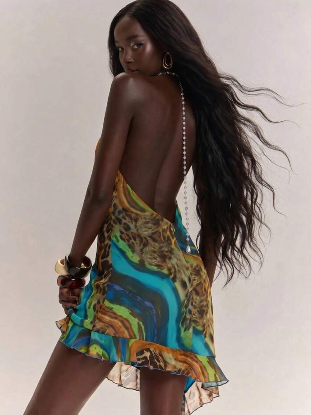 Women's Summer Boho Holiday Vacation Teal Blue Animal Print Backless Dress